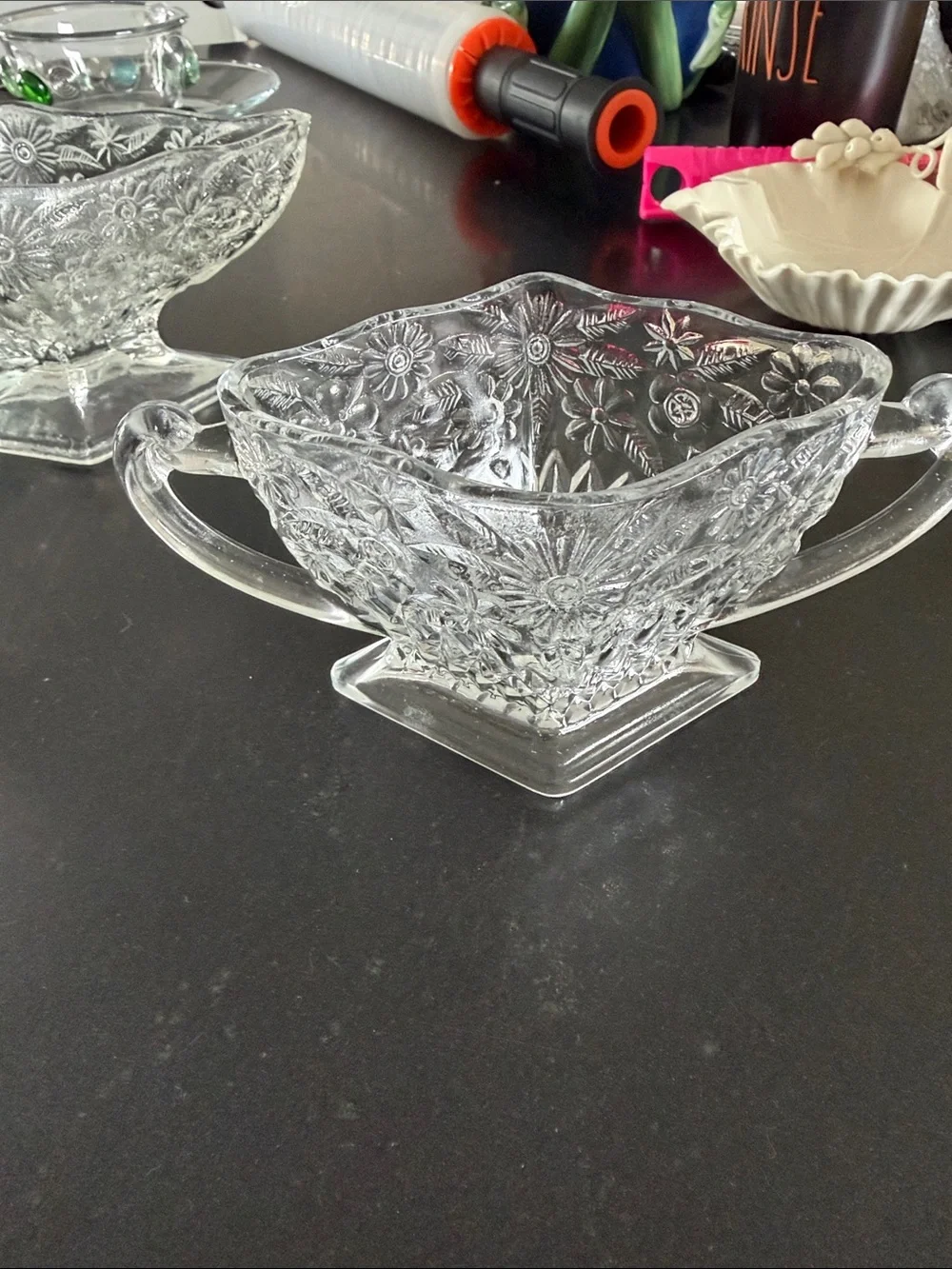3 Piece Vintage Indiana Glass Sugar and Creamer Set - Pineapple - Floral Pattern